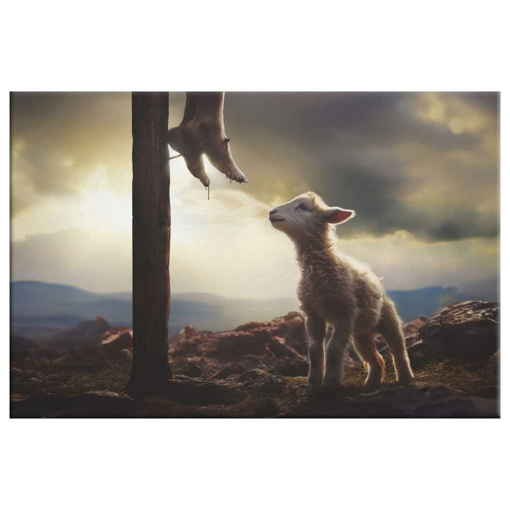 Lamb Looking Up At Feet Of Jesus Canvas Wall Art Lamb Looking Up At Feet Of Jesus Canvas Wall Art