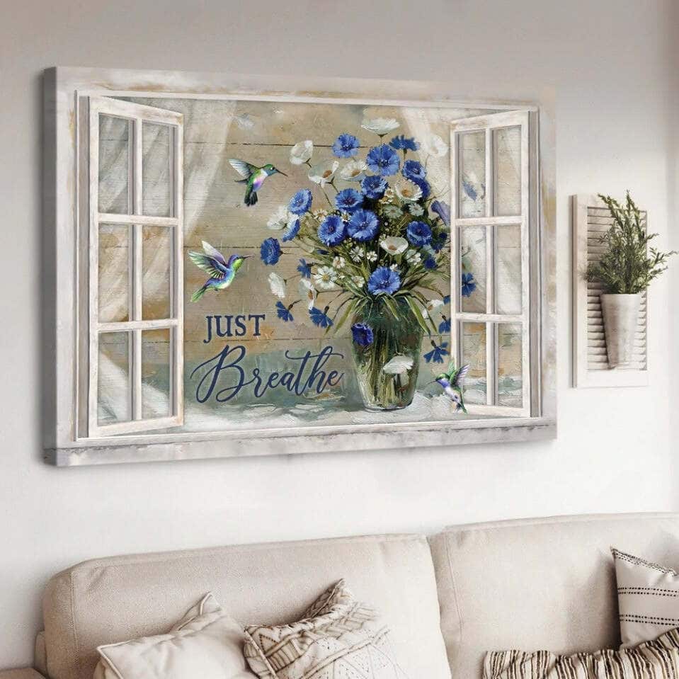 Christian Canvas Wall Art Flower Vase Hummingbird Just Breathe Christian Canvas Wall Art Flower Vase Hummingbird Just Breathe